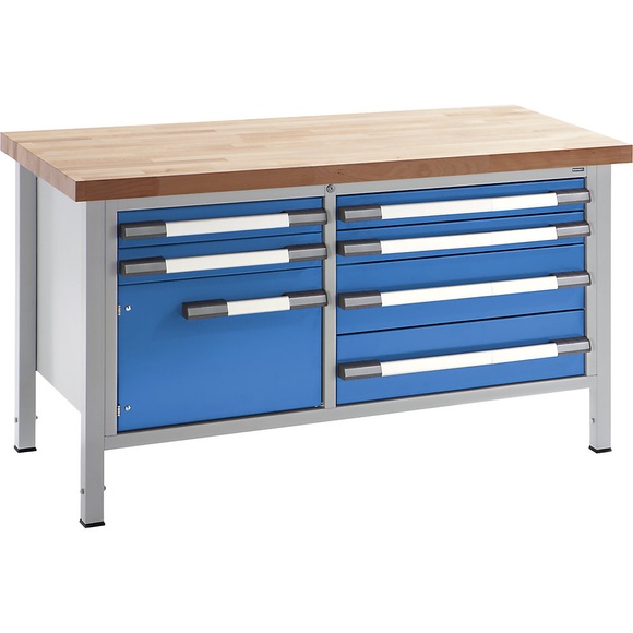 EUROKRAFT Werkbank, höhenverstellbar Breite 1500 mm, 6 Schubladen, 1 Tür grau / blau