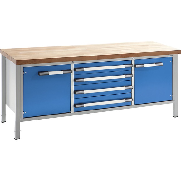 EUROKRAFT Werkbank, höhenverstellbar Breite 2000 mm, 4 Schubladen, 2 Türen grau / blau