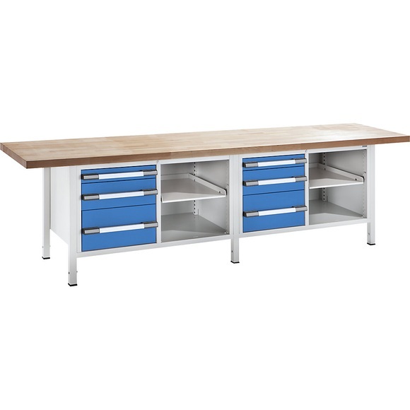EUROKRAFT Werkbank, höhenverstellbar Breite 3000 mm, 6 Schubladen grau / blau