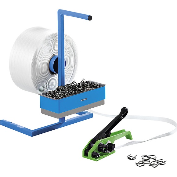 EUROKRAFT Umreifungs-Set bestehend aus Abroller, Kraftband-Spanngerät, Polyester-Kraftband, Metallklemmen Bandbreite 19 mm