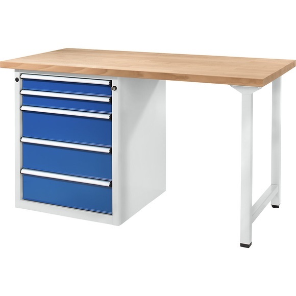 ANKE Werkbank, stabil 5 Schubladen, Breite 1500 mm Stahlblechbelag