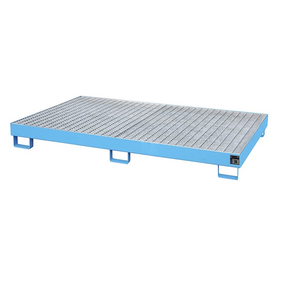 Regal-Bodenwanne 240 l Auffangvolumen, LxBxH 2150 x 1300 x 225 mm mit Gitterrost, blau lackiert