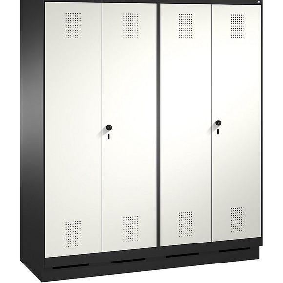 CP EVOLO Garderobenschrank, zueinander schlagende Türen 4 Abteile, Abteilbreite 400 mm, mit Sockel schwarzgrau / reinweiß