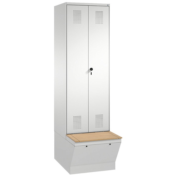 CP EVOLO Garderobenschrank, zueinander schlagende Türen, mit Aufbewahrungsbox 2 Abteile, Abteilbreite 300 mm lichtgrau