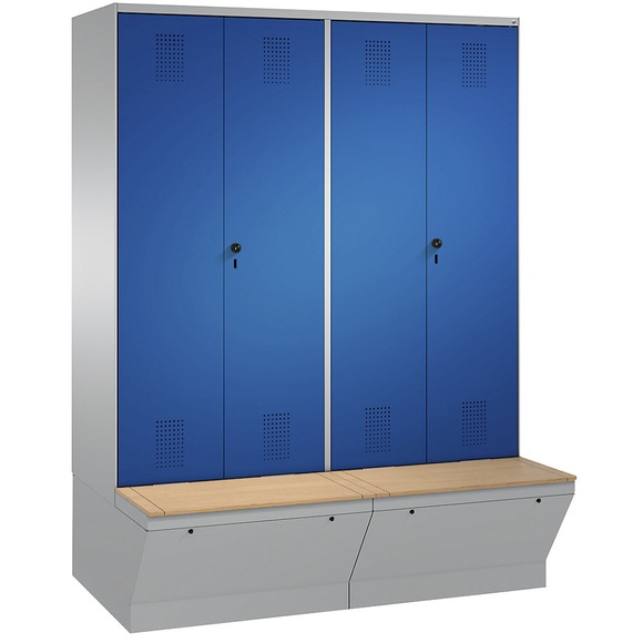 CP EVOLO Garderobenschrank, zueinander schlagende Türen, mit Aufbewahrungsbox 4 Abteile, Abteilbreite 400 mm weißaluminium / enzianblau
