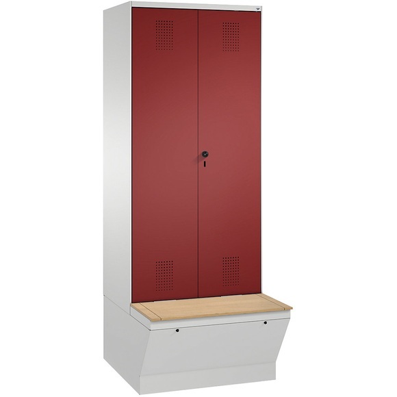 CP EVOLO Garderobenschrank, zueinander schlagende Türen, mit Aufbewahrungsbox 2 Abteile, Abteilbreite 400 mm lichtgrau / rubinrot