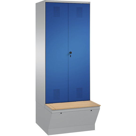 CP EVOLO Garderobenschrank, zueinander schlagende Türen, mit Aufbewahrungsbox 2 Abteile, Abteilbreite 400 mm weißaluminium / enzianblau
