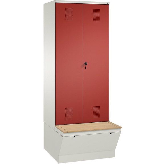 CP EVOLO Garderobenschrank, zueinander schlagende Türen, mit Aufbewahrungsbox 2 Abteile, Abteilbreite 400 mm reinweiß / feuerrot