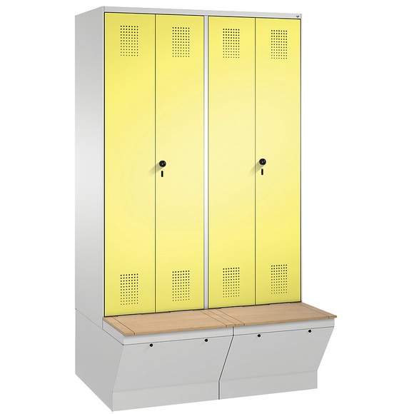 CP EVOLO Garderobenschrank, zueinander schlagende Türen, mit Aufbewahrungsbox 4 Abteile, Abteilbreite 300 mm lichtgrau / schwefelgelb