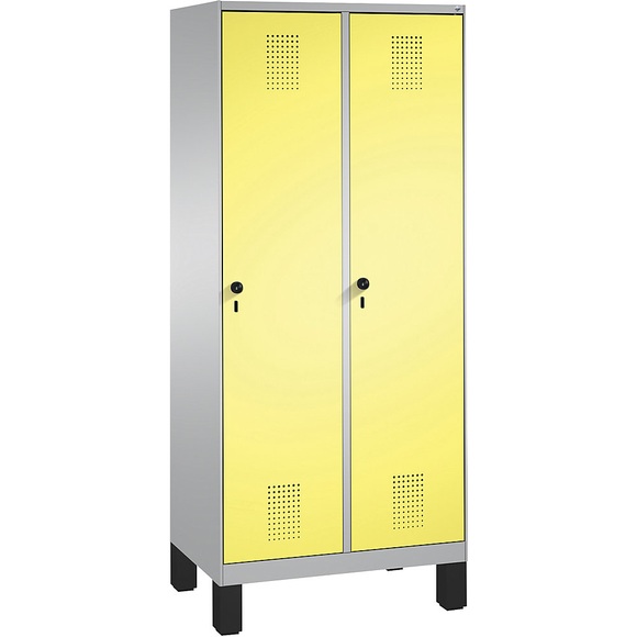 CP EVOLO Aufbewahrungsschrank, mit Füßen 2 Abteile, Abteilbreite 400 mm, mit 8 Fachböden weißaluminium / schwefelgelb