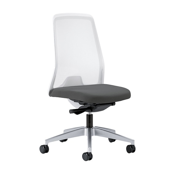 interstuhl Operator-Drehstuhl EVERY, Netz-Rückenlehne weiß Gestell brillantsilber, mit weichen Rollen eisengrau, Sitztiefe 410 - 470 mm
