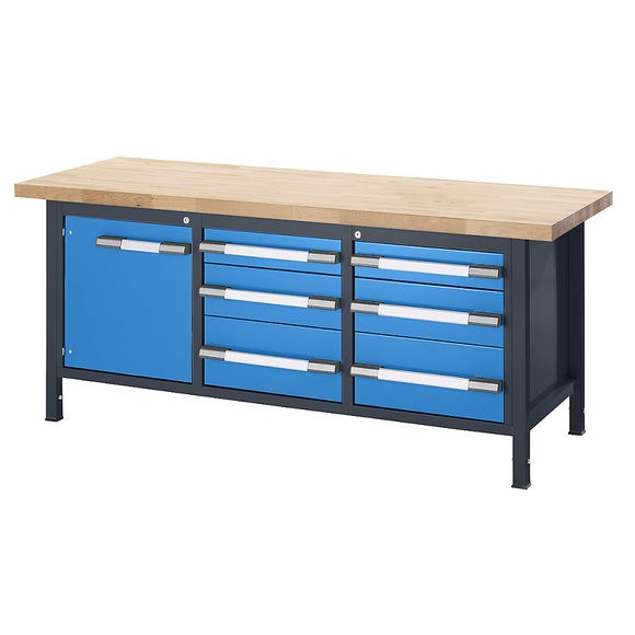 EUROKRAFT Werkbank, höhenverstellbar, mit Buchemassivplatte 6 Schubladen, 1 Flügeltür Breite 2000 mm, anthrazit / blau