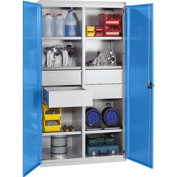 EUROKRAFT Schwerlastschrank aus Stahl 6 Fachböden, 4 Schubladen 180 mm hoch lichtgrau/lichtblau
