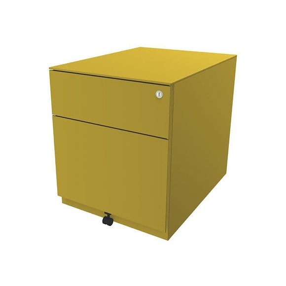 BISLEY Rollcontainer Note™, mit 1 Hängeregistratur, 1 Universalschublade HxBxT 502 x 420 x 565 mm, mit Griffleiste und Top gelb