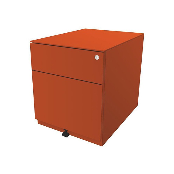 BISLEY Rollcontainer Note™, mit 1 Hängeregistratur, 1 Universalschublade HxBxT 502 x 420 x 565 mm, mit Griffleiste und Top orange