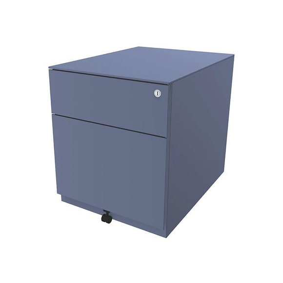 BISLEY Rollcontainer Note™, mit 1 Hängeregistratur, 1 Universalschublade HxBxT 502 x 420 x 565 mm, mit Griffleiste und Top blau