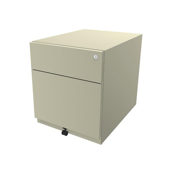BISLEY Rollcontainer Note™, mit 1 Hängeregistratur, 1 Universalschublade HxBxT 495 x 420 x 565 mm, mit Griffleiste hellelfenbein