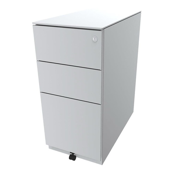 BISLEY Rollcontainer Note™, mit 2 Universalschubladen, 1 Hängeregistratur HxBxT 652 x 300 x 565 mm, mit Top verkehrsweiß