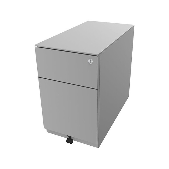 BISLEY Rollcontainer Note™, mit 1 Hängeregistratur, 1 Universalschublade HxBxT 502 x 300 x 565 mm, mit Griffleiste und Top lichtgrau