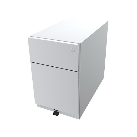 BISLEY Rollcontainer Note™, mit 1 Hängeregistratur, 1 Universalschublade HxBxT 495 x 300 x 565 mm, mit Griffleiste verkehrsweiß
