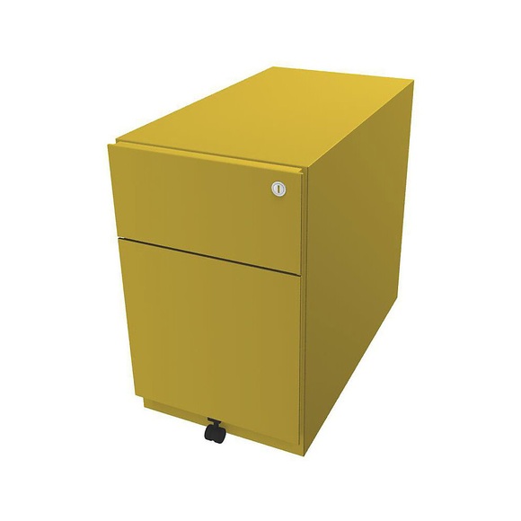 BISLEY Rollcontainer Note™, mit 1 Hängeregistratur, 1 Universalschublade HxBxT 495 x 300 x 565 mm, mit Griffleiste gelb