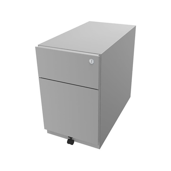 BISLEY Rollcontainer Note™, mit 1 Hängeregistratur, 1 Universalschublade HxBxT 495 x 300 x 565 mm, mit Griffleiste lichtgrau