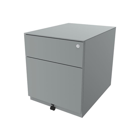 BISLEY Rollcontainer Note™, mit 1 Hängeregistratur, 1 Universalschublade HxBxT 502 x 420 x 565 mm, mit Griffleiste und Top silber