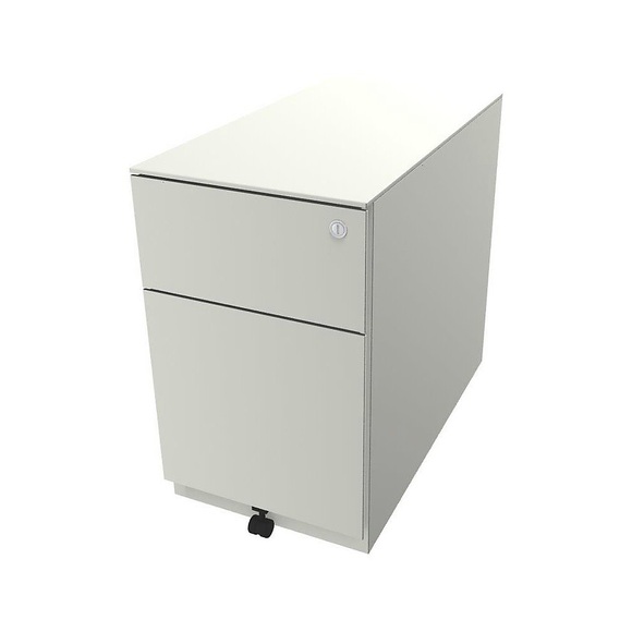 BISLEY Rollcontainer Note™, mit 1 Hängeregistratur, 1 Universalschublade HxBxT 502 x 300 x 565 mm, mit Griffleiste und Top reinweiß