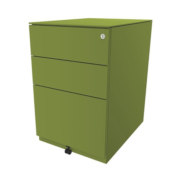 BISLEY Rollcontainer Note™, mit 2 Universalschubladen, 1 Hängeregistratur HxBxT 652 x 420 x 565 mm, mit Top grün