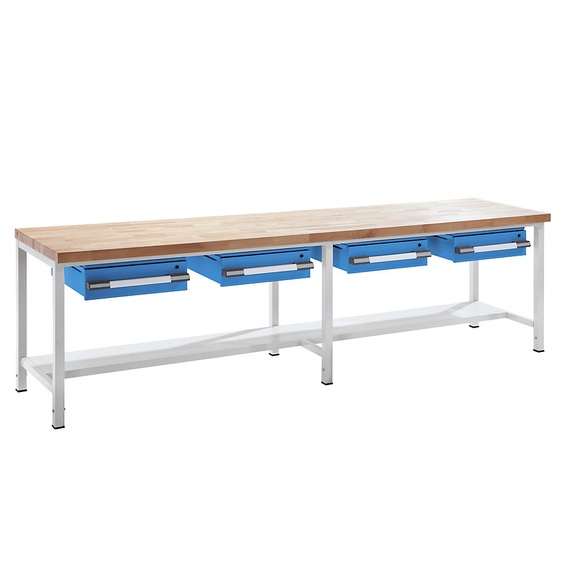 EUROKRAFT Werkbank, höhenverstellbar mit Schubladen Breite 3000 mm, grau / blau