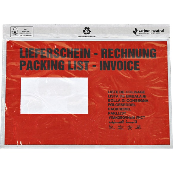 Dokumententasche mit FSC®-Zertifizierung, VE 1000 Stk für DIN C5, mit Aufdruck ''Lieferschein / Rechnung''