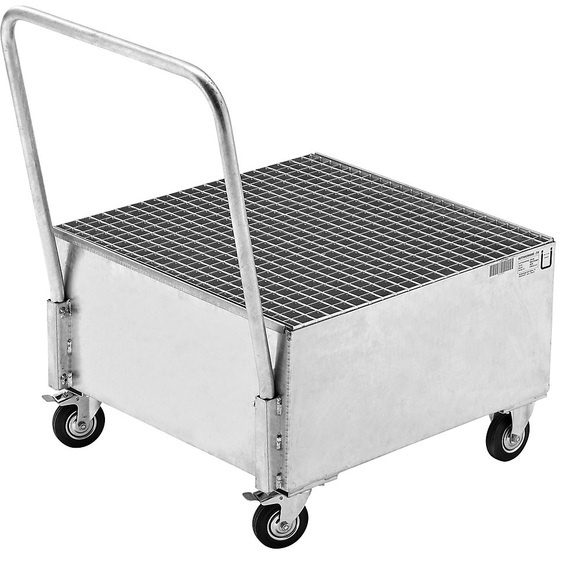QUIPO Fahrbare Auffangwanne aus Stahlblech LxB 800 x 800 mm, 1 x 200-l-Fass stehend feuerverzinkt