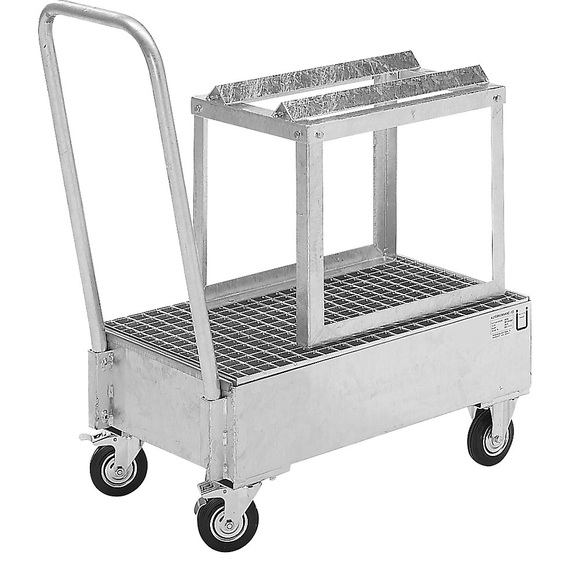 QUIPO Fahrbare Auffangwanne aus Stahlblech LxB 800 x 500 mm, 1 x 60-l-Fass liegend feuerverzinkt