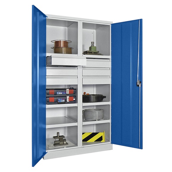 Schwerlastschrank, Höhe 1950 mm 6 Fachböden, 6 Schubladen à 175 mm grau / blau