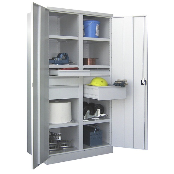 Schwerlastschrank, Höhe 1950 mm 6 Fachböden, 6 Schubladen grau
