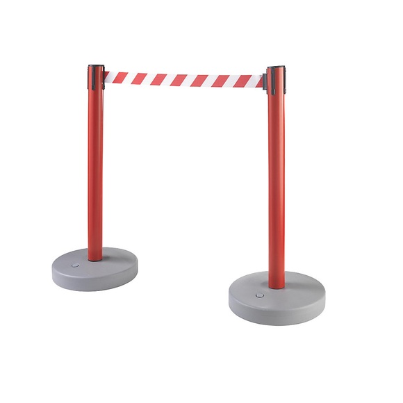 Gurtabsperrpfosten, VE 2 Stk für innen und außen, Bandauszug 3700 mm, 4-Wege-System Pfosten rot, Gurt rot / weiß