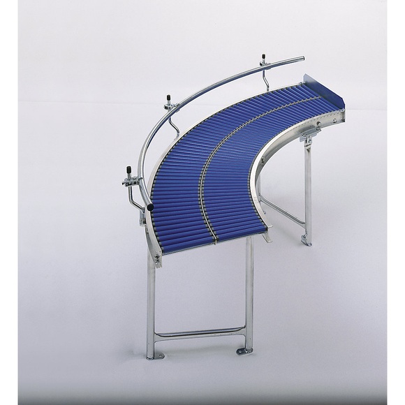 Gura Kleinrollenbahn, Aluminiumrahmen mit Kunststoffrollen Bahnbreite 500 mm, Kurve 90° Innenradius 800 mm, Rollen geteilt
