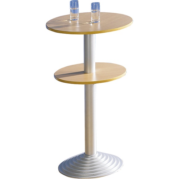 Bistrotisch mit Gusseisenfuß 2 Tischplatten, Abstand 30 cm Buche-Dekor, Säule alufarben