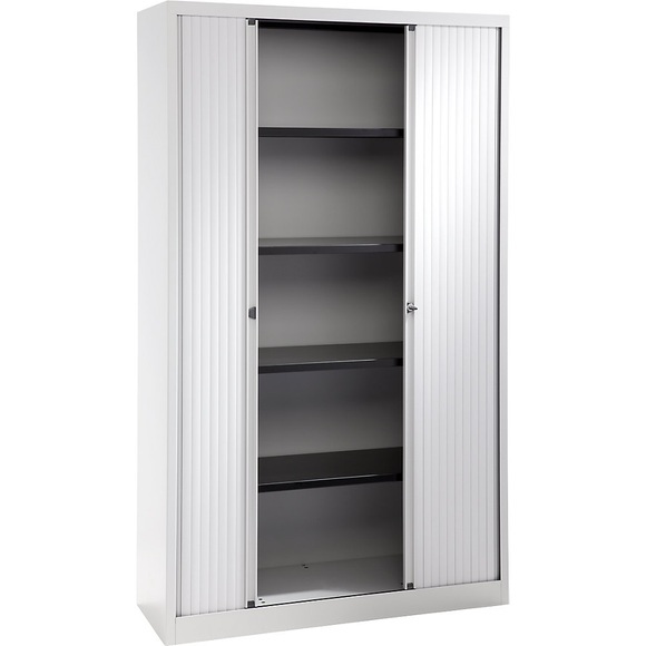 BISLEY Euro-Rollladenschrank Breite 1200 mm, 4 Fachböden lichtgrau