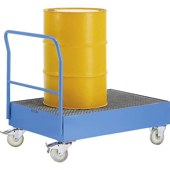 EUROKRAFT Fass-Transportwagen mit Auffangwanne 220 l Wannengröße LxBxH 1250 x 800 x 220 mm pulverbeschichtet, lichtblau RAL 5012