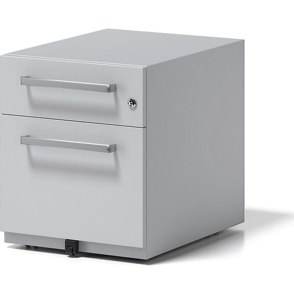 BISLEY Rollcontainer Note™, mit 1 Hängeregistratur, 1 Universalschublade HxBxT 495 x 420 x 565 mm, mit Griff lichtgrau