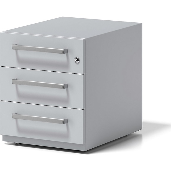 BISLEY Rollcontainer Note™, mit 3 Universalschubladen HxBxT 495 x 420 x 565 mm, mit Griff lichtgrau