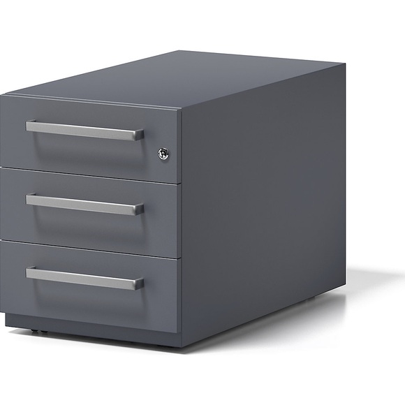 BISLEY Rollcontainer Note™, mit 3 Universalschubladen HxBxT 495 x 420 x 775 mm, mit Griff anthrazitgrau