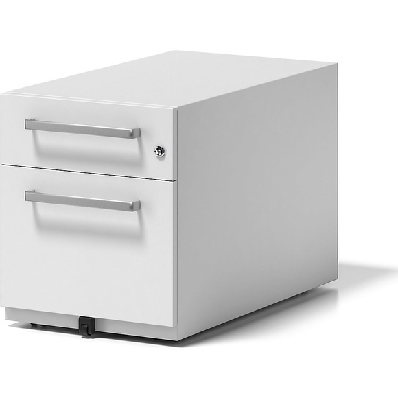 BISLEY Rollcontainer Note™, mit 1 Hängeregistratur, 1 Universalschublade HxBxT 495 x 420 x 775 mm, mit Griff verkehrsweiß
