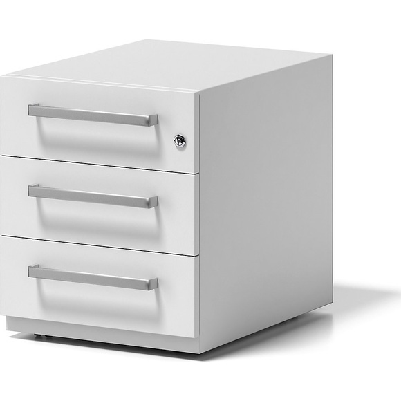 BISLEY Rollcontainer Note™, mit 3 Universalschubladen HxBxT 495 x 420 x 565 mm, mit Griff verkehrsweiß