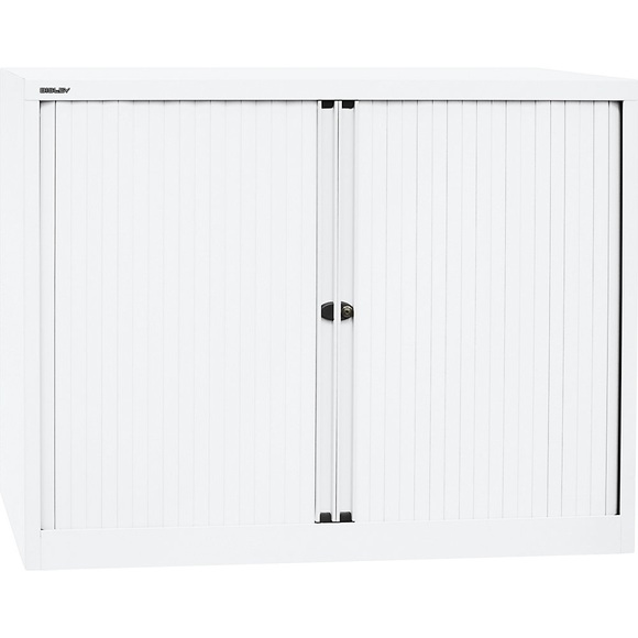 BISLEY Euro-Rollladenschrank Breite 1200 mm, 2 Fachböden verkehrsweiß