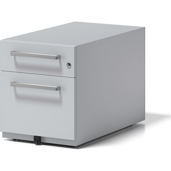 BISLEY Rollcontainer Note™, mit 1 Hängeregistratur, 1 Universalschublade HxBxT 495 x 420 x 775 mm, mit Griff lichtgrau