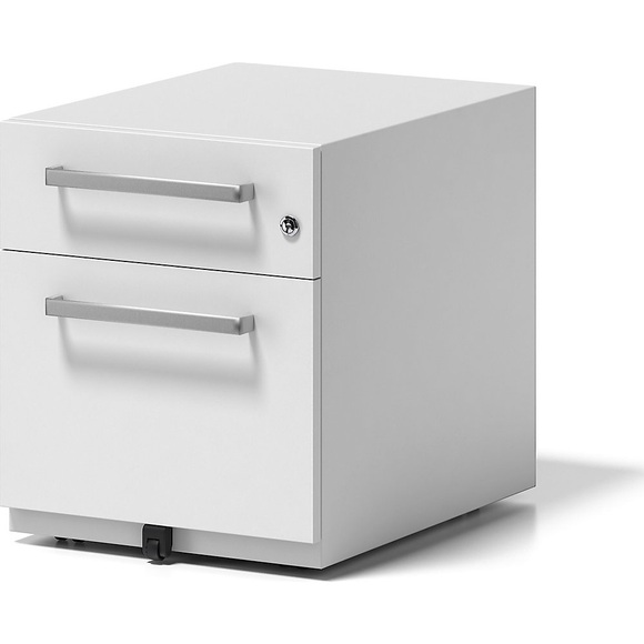 BISLEY Rollcontainer Note™, mit 1 Hängeregistratur, 1 Universalschublade HxBxT 495 x 420 x 565 mm, mit Griff verkehrsweiß
