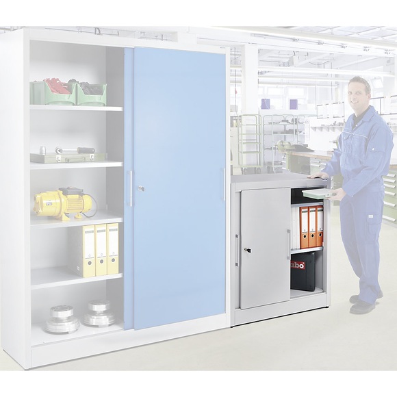 EUROKRAFT Schiebetürschrank mit 2 Fachböden, HxB 1000 x 1000 mm Tiefe 420 mm, Türen resedagrün RAL 6011
