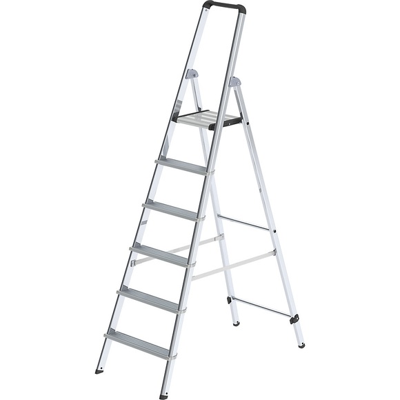 Guenzburger Alu-Stufenstehleiter, einseitig begehbar mit ergonomisch geformtem Holm und Ablageschale 6 Stufen